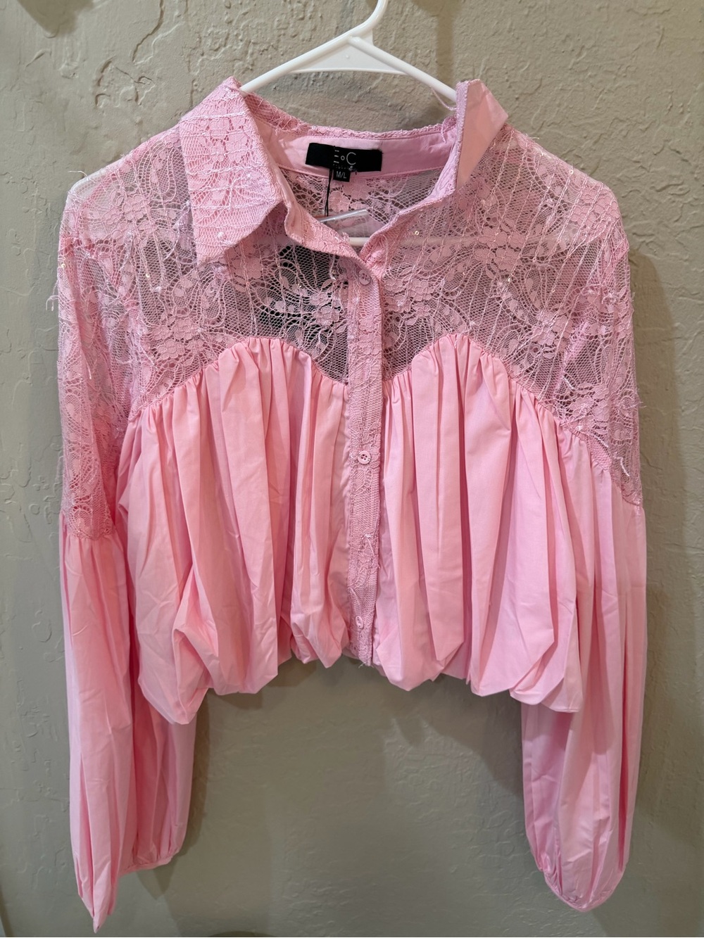 Pink Lace-Trim Balloon Sleeve Blouse